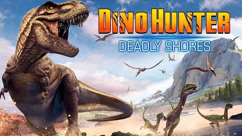 alt: Hình ảnh game Dino Hunter: Deadly Shores với cảnh một người đang ngắm bắn khủng long
