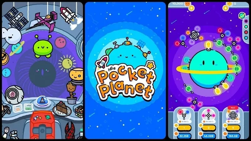 alt: Hình ảnh game Idle Pocket Planet với các hành tinh đầy màu sắc