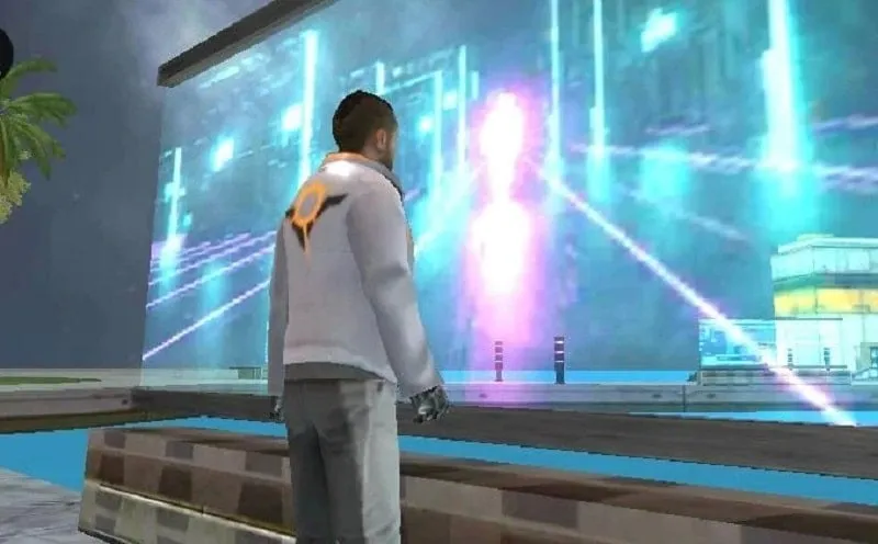 alt: Hình ảnh game Space Gangster 2 với cảnh thành phố tương lai và nhân vật chính