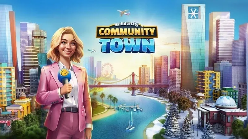 Alt: Hình ảnh minh họa game Build a City: Community Town với đồ họa tươi sáng, hiển thị thành phố ven biển đang được xây dựng.