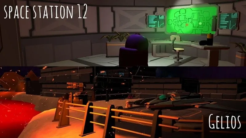 alt text: Ảnh chụp màn hình game Imposter 3D với nhân vật chính đang di chuyển trong hành lang tối tăm của trạm vũ trụ.