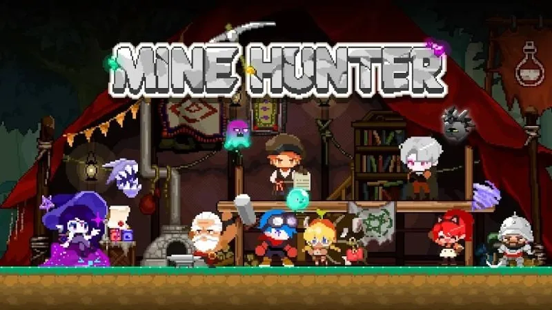alt text: Ảnh chụp màn hình game Mine Hunter với nhân vật chính và quái vật theo phong cách pixel