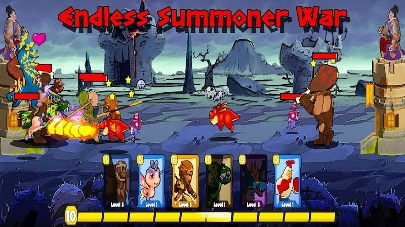 alt text: Ảnh giới thiệu game Endless Summoner War với đồ họa ấn tượng, thể hiện cuộc chiến giữa các chiến binh và quái vật.