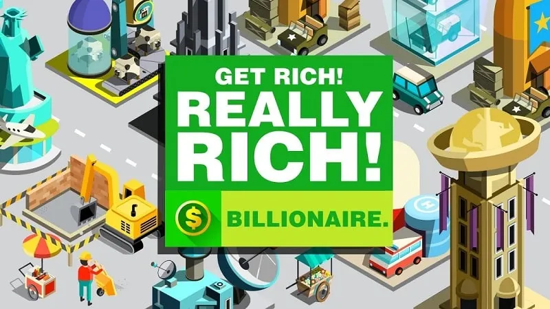 alt text: Giao diện game Billionaire Capitalist Tycoon với hình ảnh đô la và tòa nhà chọc trời