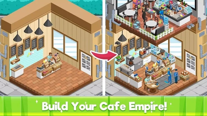 alt text: Giao diện game Idle Coffee Shop Tycoon với hình ảnh quán cà phê nhộn nhịp, khách hàng đang xếp hàng mua đồ uống.