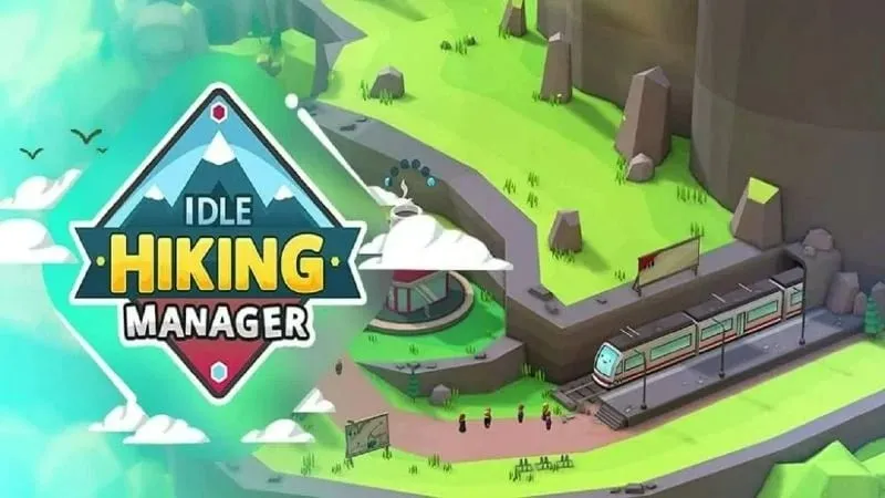 alt text: Giao diện game Idle Hiking Manager với hình ảnh khu du lịch trên núi