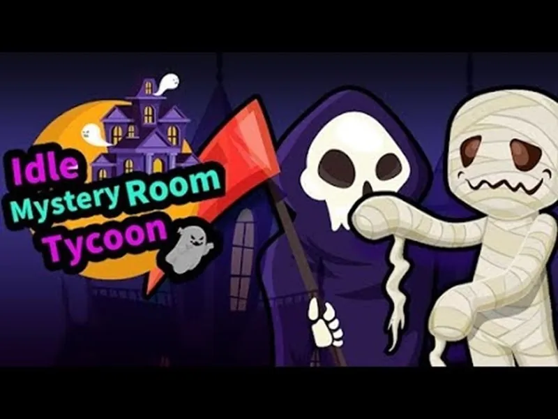 alt text: Giao diện game Idle Mystery Room Tycoon với hình ảnh một căn phòng tối tăm, ma mị.