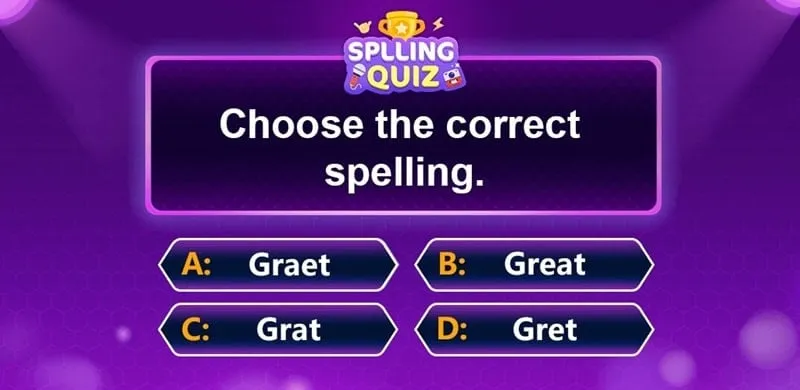 alt text: Giao diện game Spelling Quiz với các câu hỏi trắc nghiệm về chính tả tiếng Anh