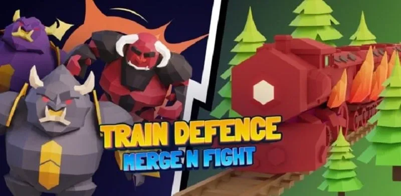 Alt text: Hình ảnh đoàn tàu trong game Train Defense: Merge N Fight với các khẩu pháo được trang bị sẵn sàng chiến đấu với quái vật.