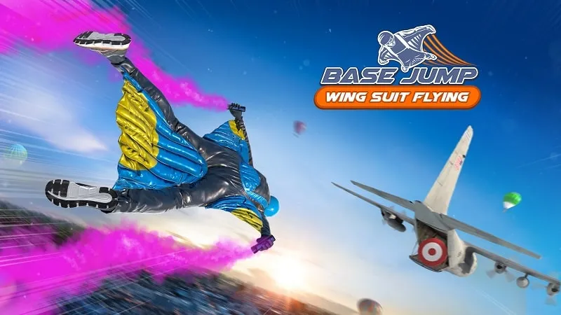 alt text: Hình ảnh game Base Jump Wing Suit Flying với nhân vật đang bay lượn trên không trung