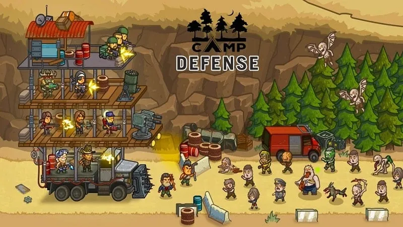 Alt text: Hình ảnh game Camp Defense với cảnh xe chiến đấu giữa bầy zombie