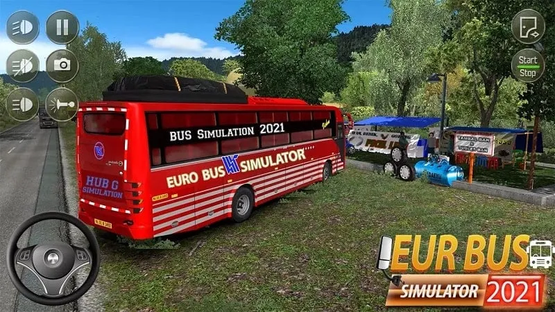 alt text: Hình ảnh game Euro Bus Simulator với xe bus đang di chuyển trên đường