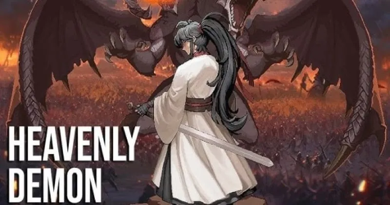 alt text: Hình ảnh game Heavenly Demon IDLE RPG với nhân vật chính đang chiến đấu với quái vật