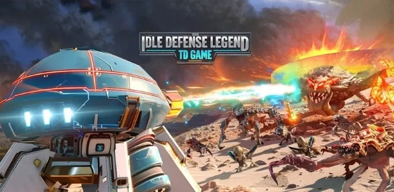 alt text: Hình ảnh game Idle Defense Legend với giao diện chiến đấu, pháo đài ở giữa và robot chiến đấu