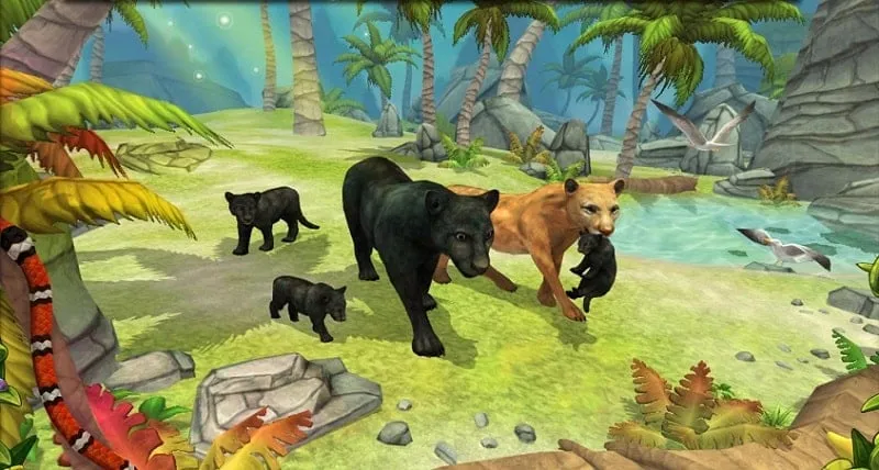 alt text: Hình ảnh game Panther Family Sim Online với chú báo đen đang rình mồi