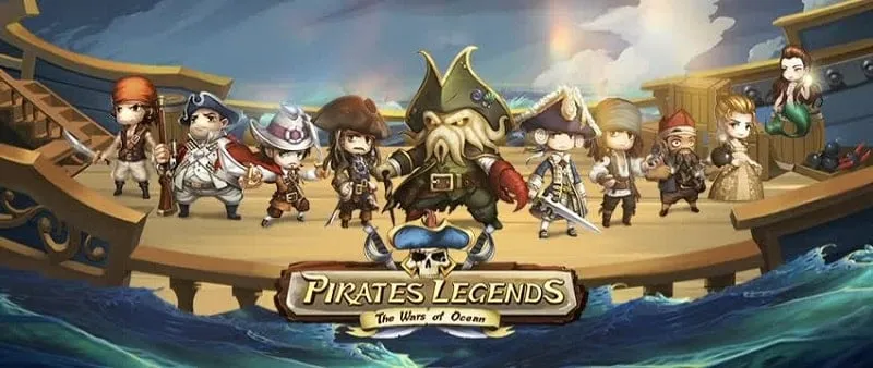 alt text: Hình ảnh game Pirates Legends với giao diện chiến đấu hấp dẫn, hiển thị các nhân vật hải tặc với tạo hình chi tiết và kỹ năng đặc sắc.
