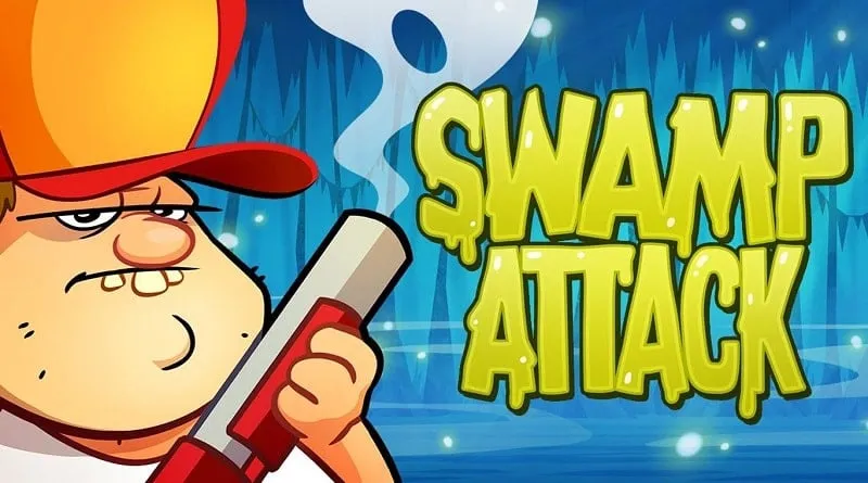 alt text: Hình ảnh game Swamp Attack với nhân vật chính đang cầm súng chiến đấu với quái vật