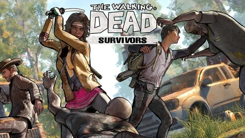 alt text: Hình ảnh game The Walking Dead: Survivors với nhân vật chính đang chiến đấu với zombie