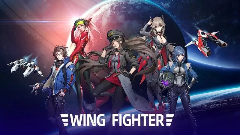 alt text: Hình ảnh game Wing Fighter với máy bay chiến đấu đang bắn phá kẻ thù trong không gian