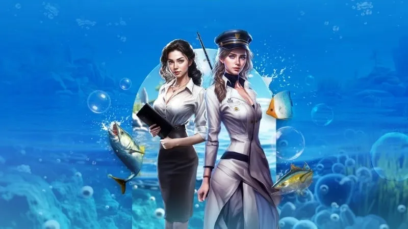 alt text: Hình ảnh game World Fishing với cần câu và cá lớn