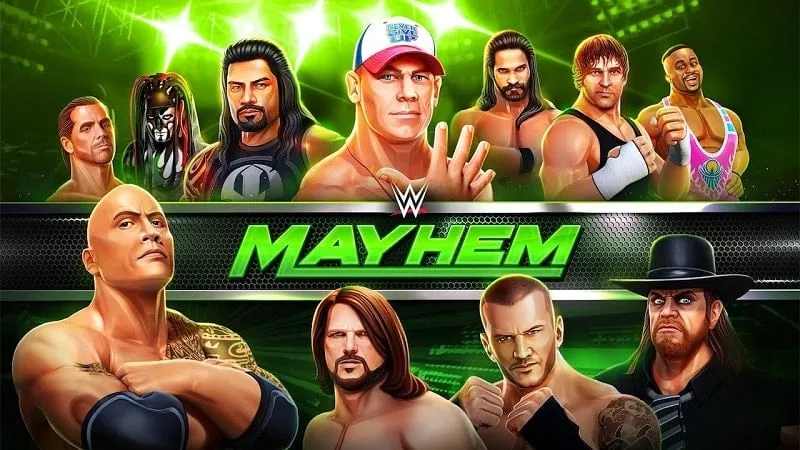 alt text: Hình ảnh game WWE Mayhem với đô vật The Rock tung đòn kết liễu