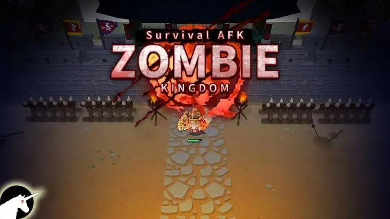 alt text: Hình ảnh game ZOMBIE Kingdom: Survival AFK với nhân vật chính đang chiến đấu với zombie.