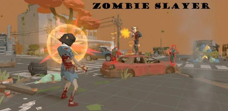 alt text: Hình ảnh game Zombie Slayer với nhân vật chính đứng trên nóc xe bắn zombie