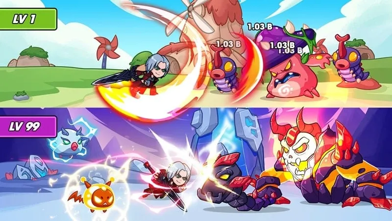 alt text: Hình ảnh gameplay Idle Quest với giao diện chiến đấu và các anh hùng