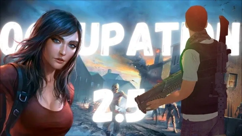 alt text: Hình ảnh gameplay Occupation 2.5 với nhân vật chính đang chiến đấu với zombie