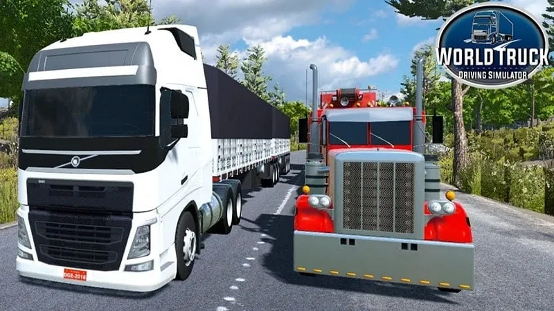 alt text: Hình ảnh gameplay World Truck Driving Simulator với một chiếc xe tải đang di chuyển trên đường