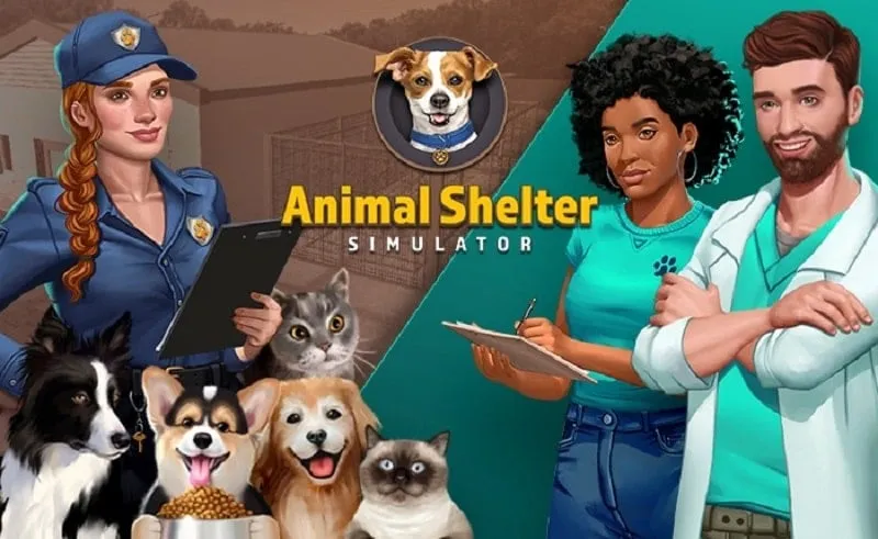 alt text: Hình ảnh giao diện game Animal Shelter Simulator với hình ảnh một chú chó đang được vuốt ve