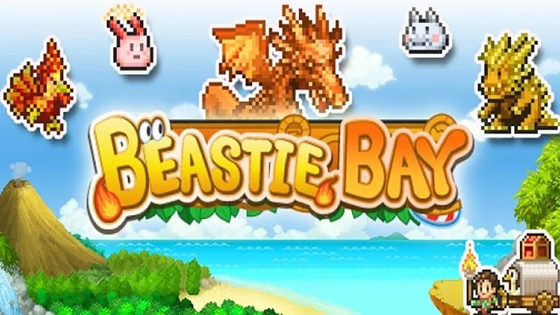 Alt text: Hình ảnh giao diện game Beastie Bay với đồ họa pixel art sinh động, hiển thị cảnh một hòn đảo nhiệt đới với các công trình và nhân vật.