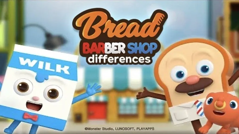 alt text: Hình ảnh giao diện game Bread Barbershop Differences với nhân vật bánh mì dễ thương đang cắt tóc cho một nhân vật khác trong tiệm hớt tóc đầy màu sắc.
