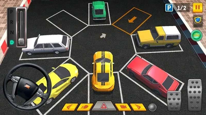 alt text: Hình ảnh giao diện game Car Parking 3D Pro với một chiếc xe thể thao màu đỏ đang đỗ xe trong bãi đỗ xe hiện đại