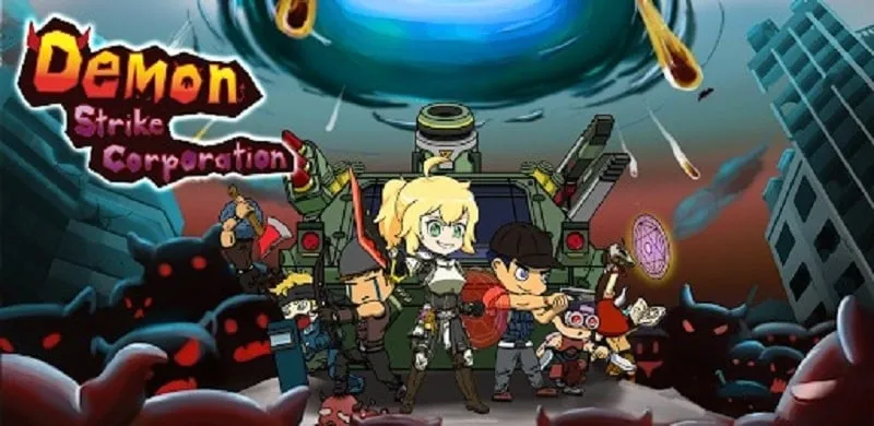 alt text: Hình ảnh giao diện game DemonStrikeCorp-Idle Item RPG với nhân vật và quái vật