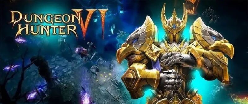 alt text: Hình ảnh giao diện game Dungeon Hunter 6 với nhân vật chính đang chiến đấu với quái vật