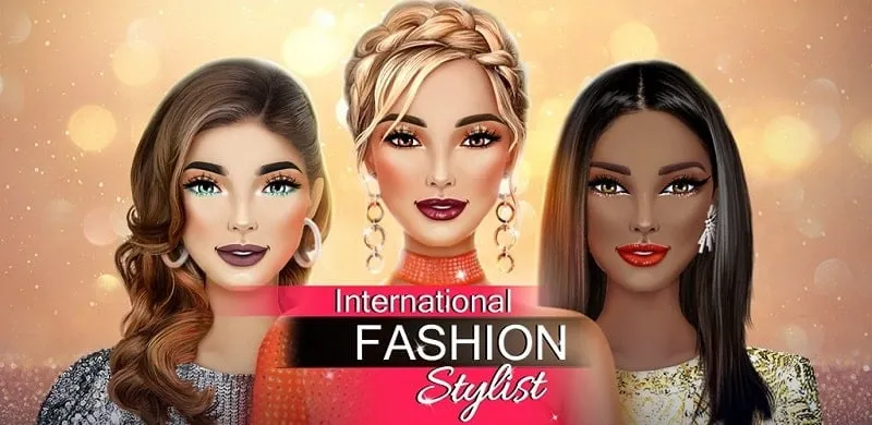 alt text: Hình ảnh giao diện game Fashion Stylist với một nhân vật nữ mặc trang phục lộng lẫy