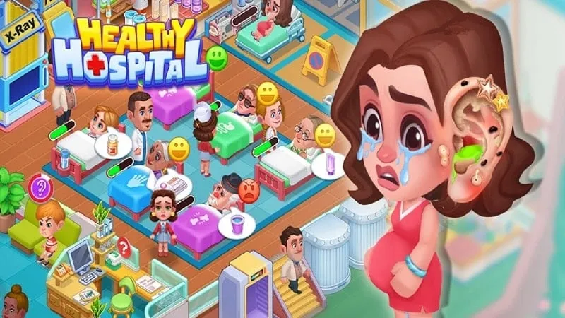 alt text: Hình ảnh giao diện game Healthy Hospital với đồ họa tươi sáng, hiển thị các hoạt động trong bệnh viện như tiếp đón bệnh nhân, khám chữa bệnh.