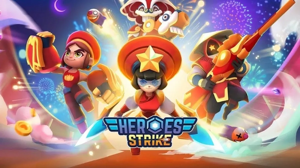 alt text: Hình ảnh giao diện game Heroes Strike với các nhân vật và hiệu ứng kỹ năng đẹp mắt