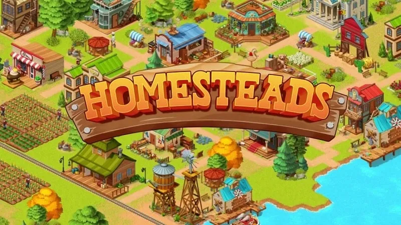 alt text: Hình ảnh giao diện game Homesteads với các công trình kiến trúc miền Tây
