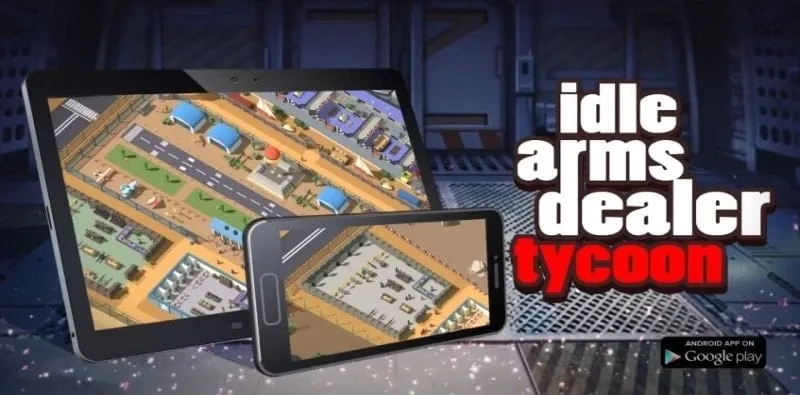 Alt text: Hình ảnh giao diện game Idle Arms Dealer với đồ họa bắt mắt, thể hiện người chơi đang quản lý cửa hàng vũ khí.