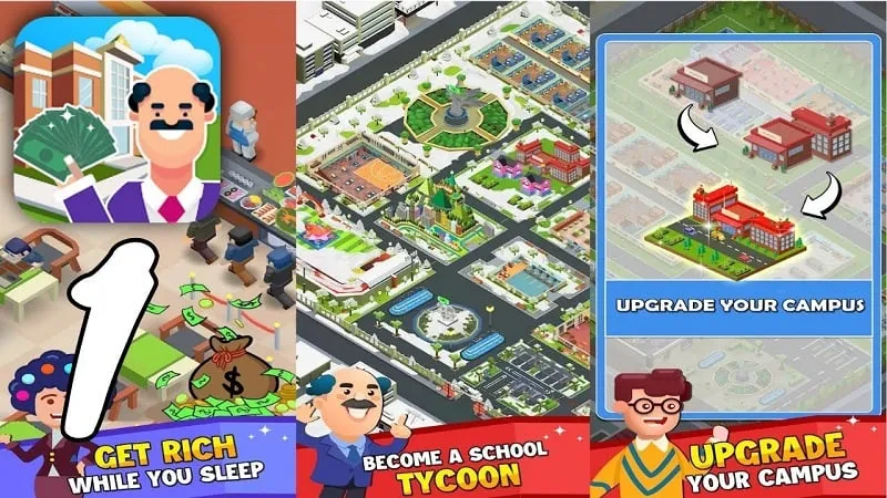 alt text: Hình ảnh giao diện game Idle School Tycoon với các tòa nhà và khuôn viên trường học