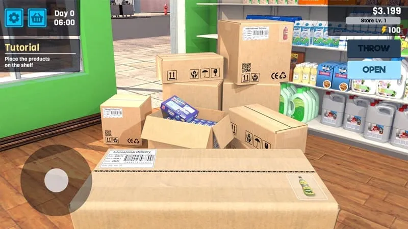 alt text: Hình ảnh giao diện game Manage Supermarket Simulator với đồ họa bắt mắt, thể hiện một siêu thị sầm uất, người chơi có thể nhìn thấy quầy thu ngân, kệ hàng hóa và khách hàng đang mua sắm.