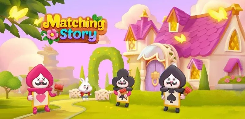 alt text: Hình ảnh giao diện game Matching Story với đồ họa tươi sáng, hiển thị các khối hình cần ghép và hòn đảo đang được xây dựng