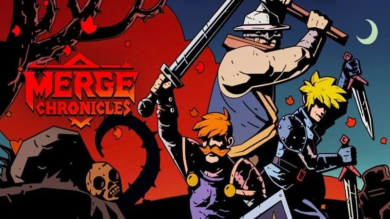 alt text: Hình ảnh giao diện game Merge Chronicles với nhân vật chính và quái vật