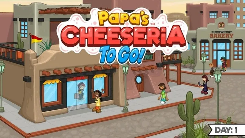 Alt text: Hình ảnh giao diện game Papa's Cheeseria To Go với đồ họa hoạt hình vui nhộn, thể hiện nhân vật đang chế biến món ăn.