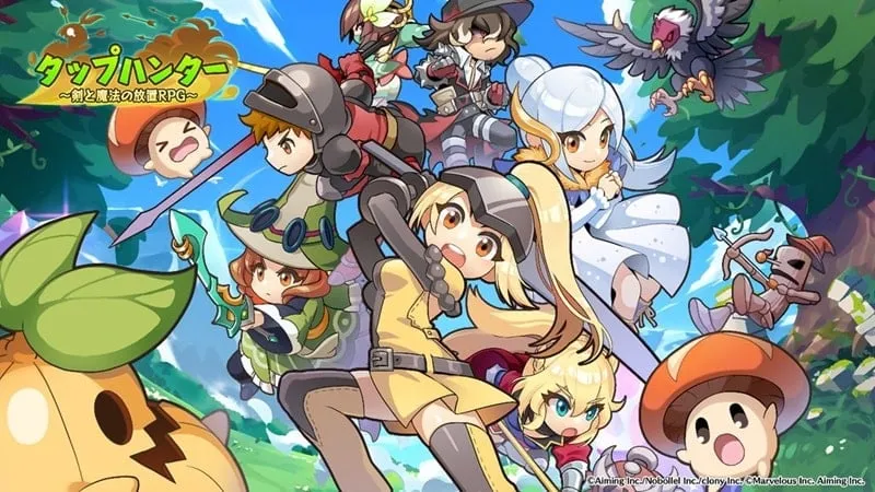 alt text: Hình ảnh giao diện game Tap Hunter với nhân vật chiến binh và quái vật