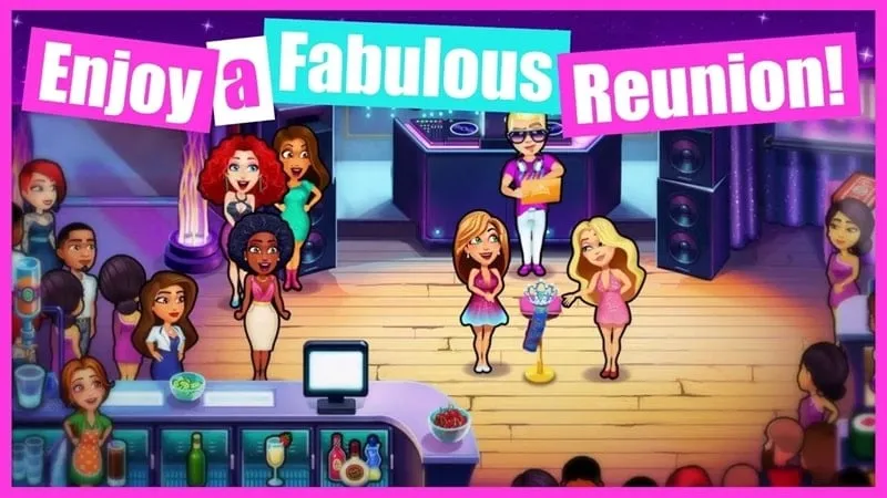 alt text: Hình ảnh minh họa game Fabulous - High School Reunion với nhân vật Angela xinh đẹp trong trang phục dạ hội