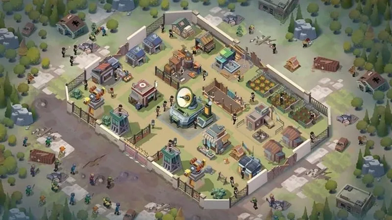 alt text: Hình ảnh minh họa game Survivor Base với cảnh căn cứ được xây dựng kiên cố giữa bối cảnh hoang tàn