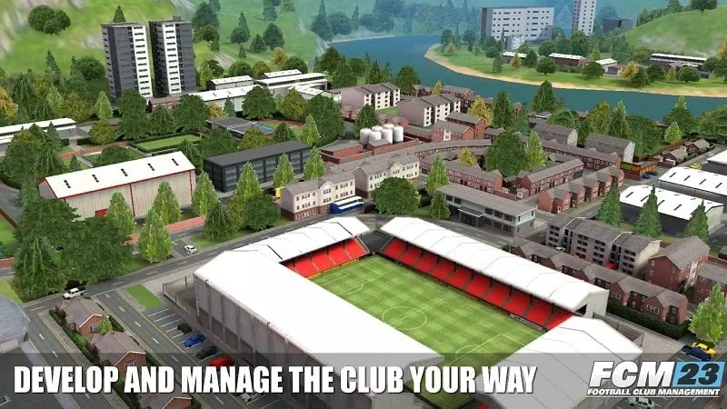 alt text: Hình ảnh minh họa việc điều khiển trận đấu trong game Football Club Management 2023.